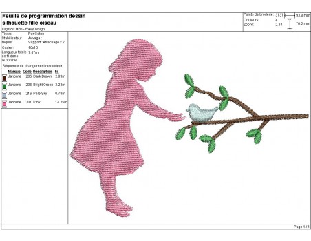 Motif de broderie machine fille avec l'oiseau