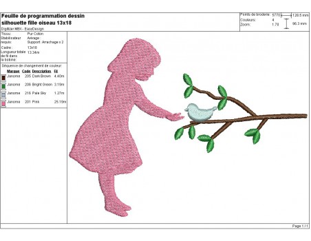 Motif de broderie machine fille avec l'oiseau