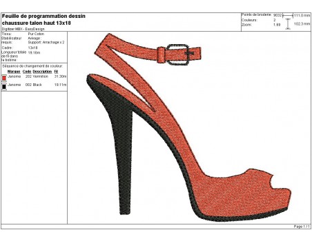 Motif de broderie machine chaussure talon haut