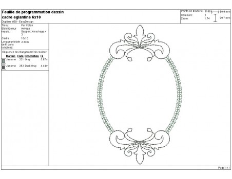 Motif de broderie machine cadre ovale églantine