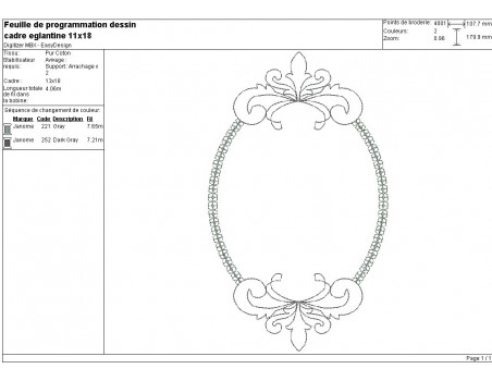 Motif de broderie machine cadre ovale églantine