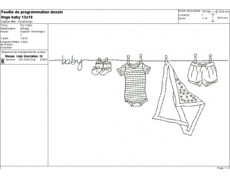 Motif de broderie machine linge bébé en redwork