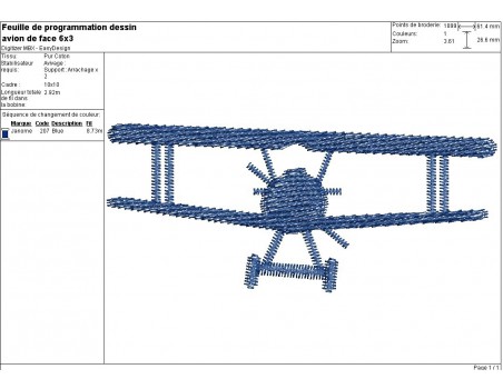 Motif de broderie machine avion de face