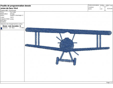 Motif de broderie machine avion de face