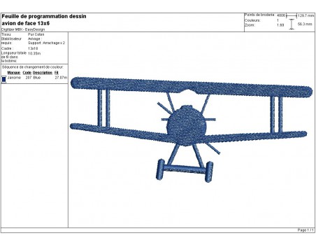 Motif de broderie machine avion de face