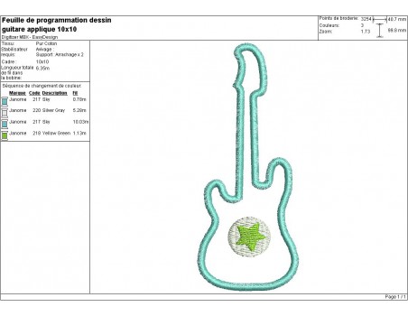 Motif de broderie machine guitare appliquée