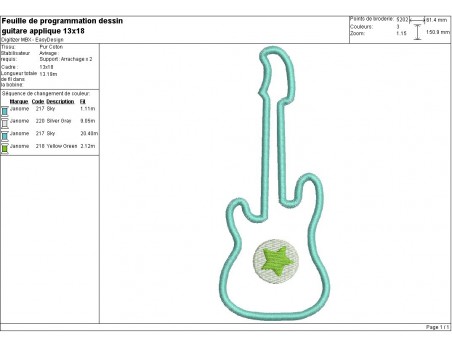 Motif de broderie machine guitare appliquée