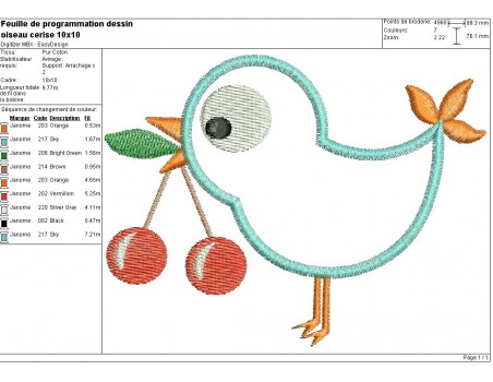 Motif de broderie machine oiseau aux cerises