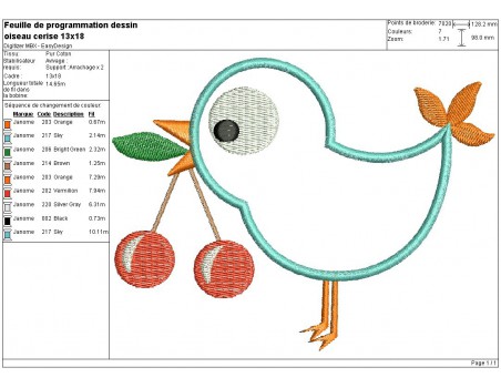 Motif de broderie machine oiseau aux cerises