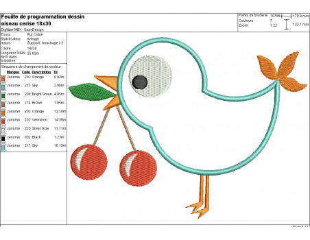 Motif de broderie machine oiseau aux cerises