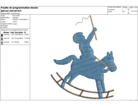 Motif de broderie machine garçon sur un cheval à bascule