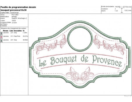 Motif de broderie machine étiquette bouquet de Provence