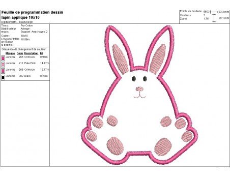 Motif de broderie machine lapin appliqué