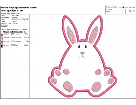 Motif de broderie machine lapin appliqué