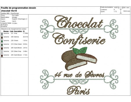 Motif de broderie machine chocolat confiserie