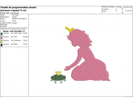 Motif de broderie machine la princesse et le crapaud