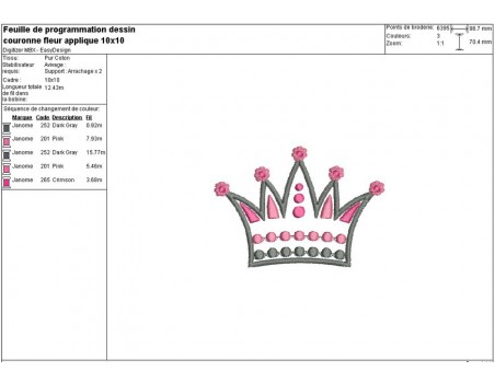 Motif de broderie machine couronne fleur appliqué