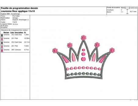 Motif de broderie machine couronne fleur appliqué