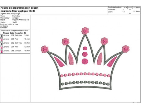 Motif de broderie machine couronne fleur appliqué