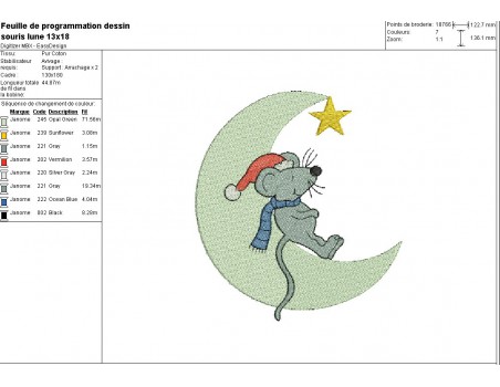 Motif de broderie machine souris sur la lune