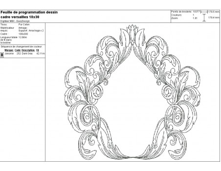 Motif de broderie machine cadre Versailles