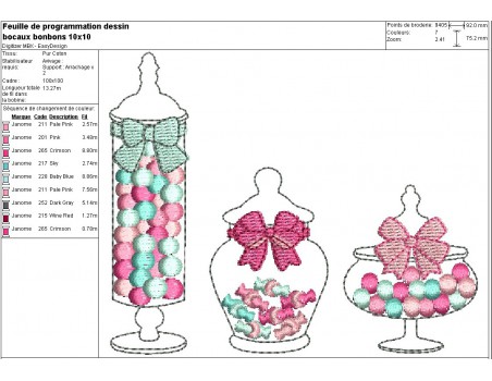 Motif de broderie machine  bocaux de bonbons