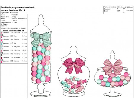 Motif de broderie machine  bocaux de bonbons