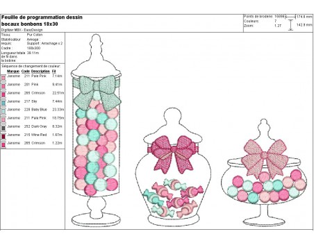 Motif de broderie machine  bocaux de bonbons