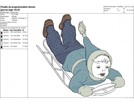 Motif de broderie machine garçon faisant de la luge