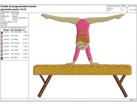 Motif de broderie machine gymnaste sur la poutre