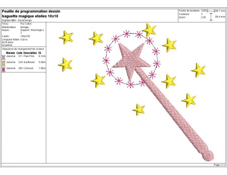 Motif de broderie machine baguette magique avec ses étoiles