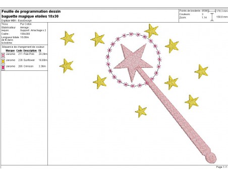 Motif de broderie machine baguette magique avec ses étoiles