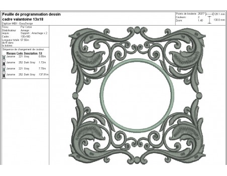 Motif de broderie machine cadre Valantoine
