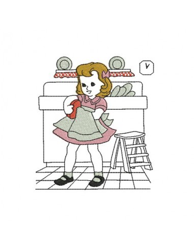 Instant download machine embroidery design vintage vintage little girl doing the dishes