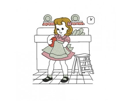 Instant download machine embroidery design vintage vintage little girl doing the dishes