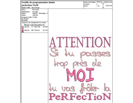 Motif de broderie machine texte humour perfection