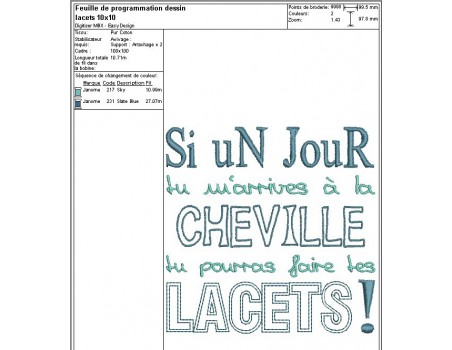 Motif de broderie machine texte humour cheville