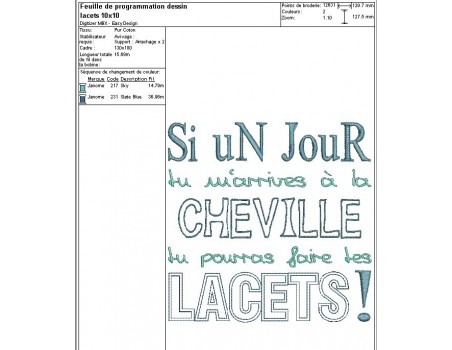 Motif de broderie machine texte humour cheville