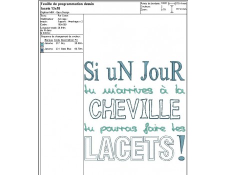 Motif de broderie machine texte humour cheville