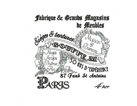 Motif de broderie machine plaque publicitaire Magasins de meubles Paris