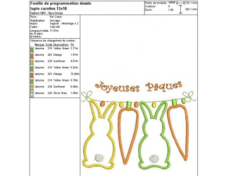 Motif de broderie machine appliqué  lapins et carottes