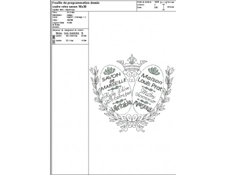 Motif de broderie machine cadre rétro  publicitaire savon de Marseille