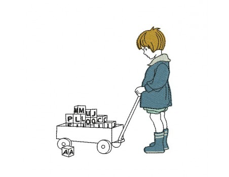 Instant download machine embroidery design vintage  child and cubes trolley