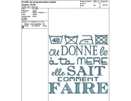 Motif de broderie machine texte humour laver le linge