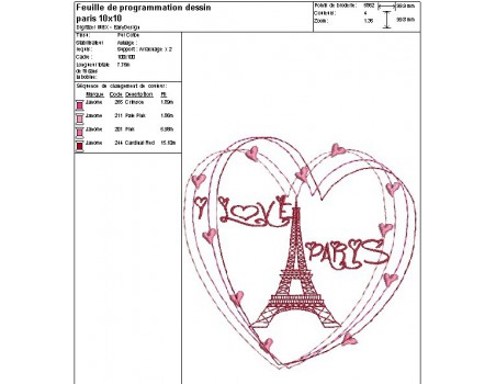 Motif de broderie machine  coeur Paris tour eiffel 