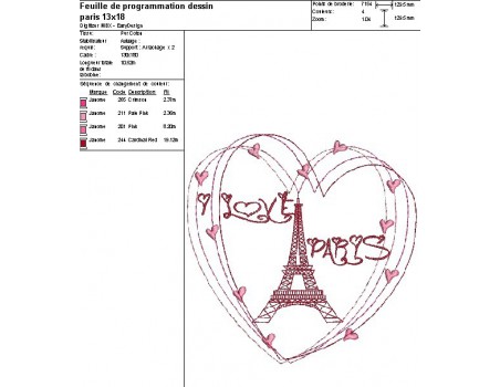 Motif de broderie machine  coeur Paris tour eiffel 