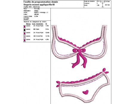 Motif de broderie machine appliqué lingerie mauve 