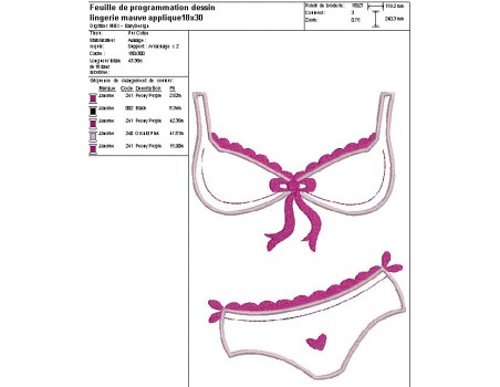 Motif de broderie machine appliqué lingerie mauve 