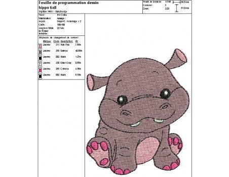 Motif de broderie machine hippopotame