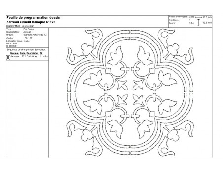 Motif de broderie machine carreau de ciment baroque en redwork